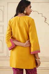 Yellow Hand Embroidered Chanderi Shirt with Brocade Pants-Inching India