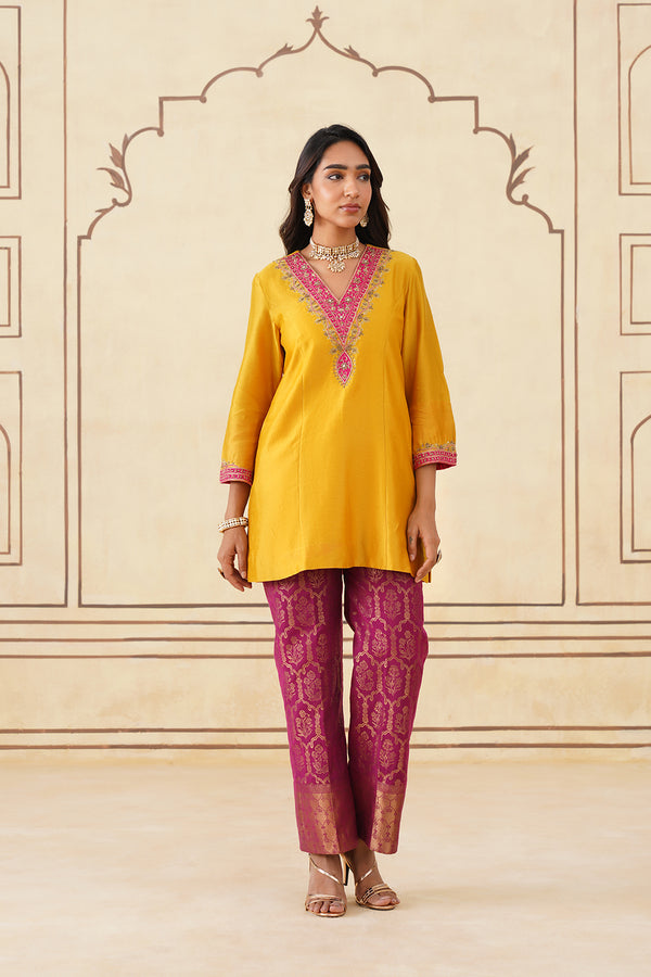 Yellow Hand Embroidered Chanderi Shirt with Brocade Pants-Inching India