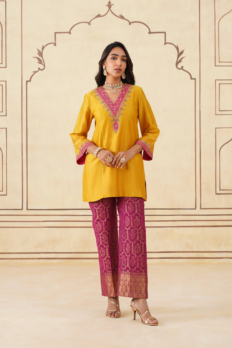 Yellow Hand Embroidered Chanderi Shirt with Brocade Pants-Inching India