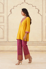 Yellow Hand Embroidered Chanderi Shirt with Brocade Pants-Inching India