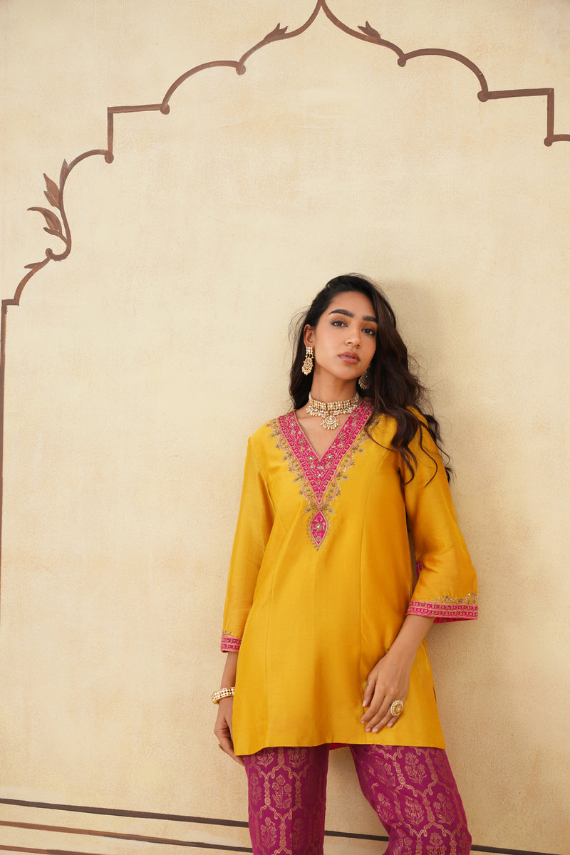 Yellow Hand Embroidered Chanderi Shirt with Brocade Pants-Inching India