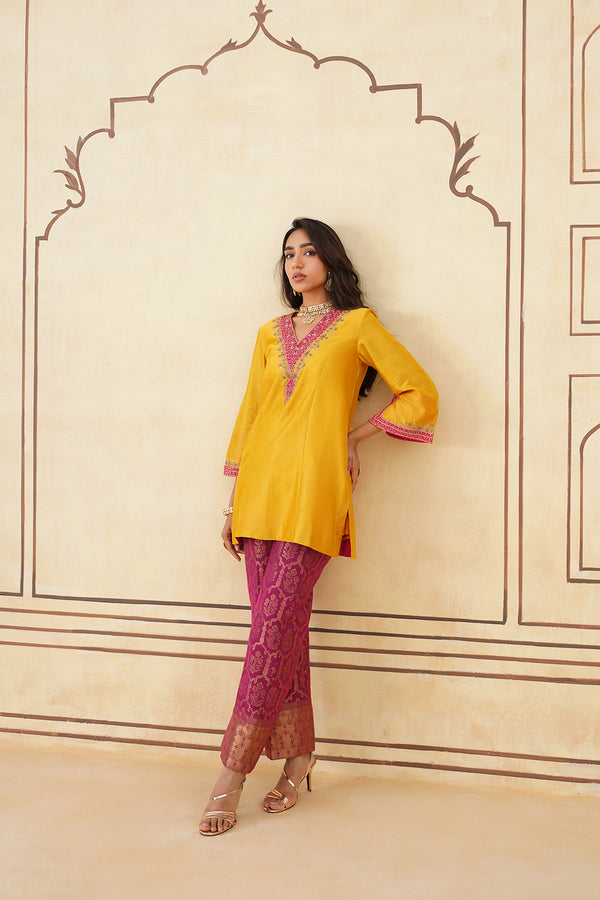 Yellow Hand Embroidered Chanderi Shirt with Brocade Pants-Inching India