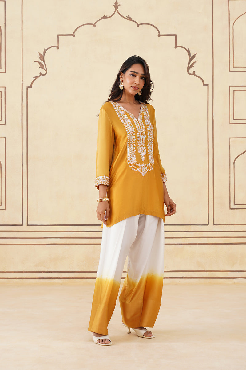 Golden Yellow Embroidered Ombre Farshi Salwar Set