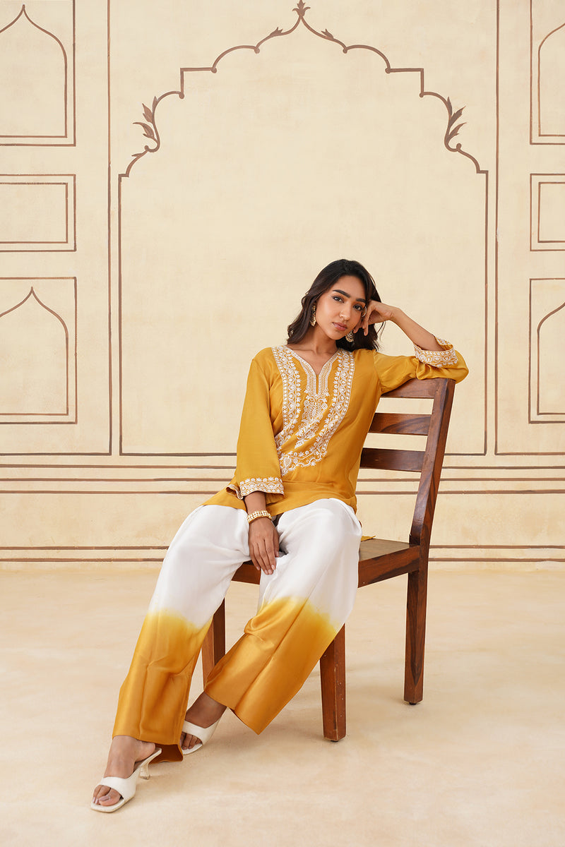 Golden Yellow Embroidered Ombre Farshi Salwar Set