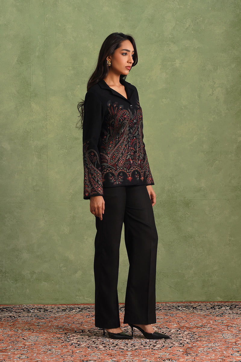 Merino Wool Black Embroidered Blazer