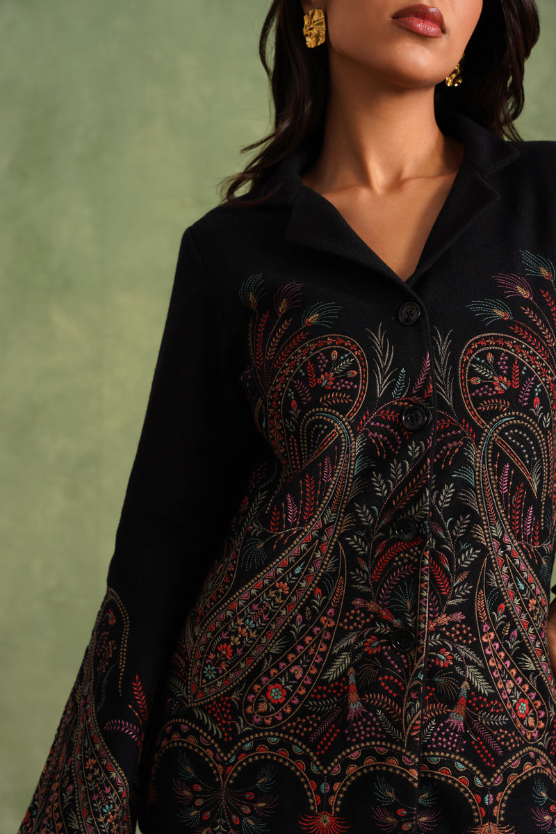 Merino Wool Black Embroidered Blazer