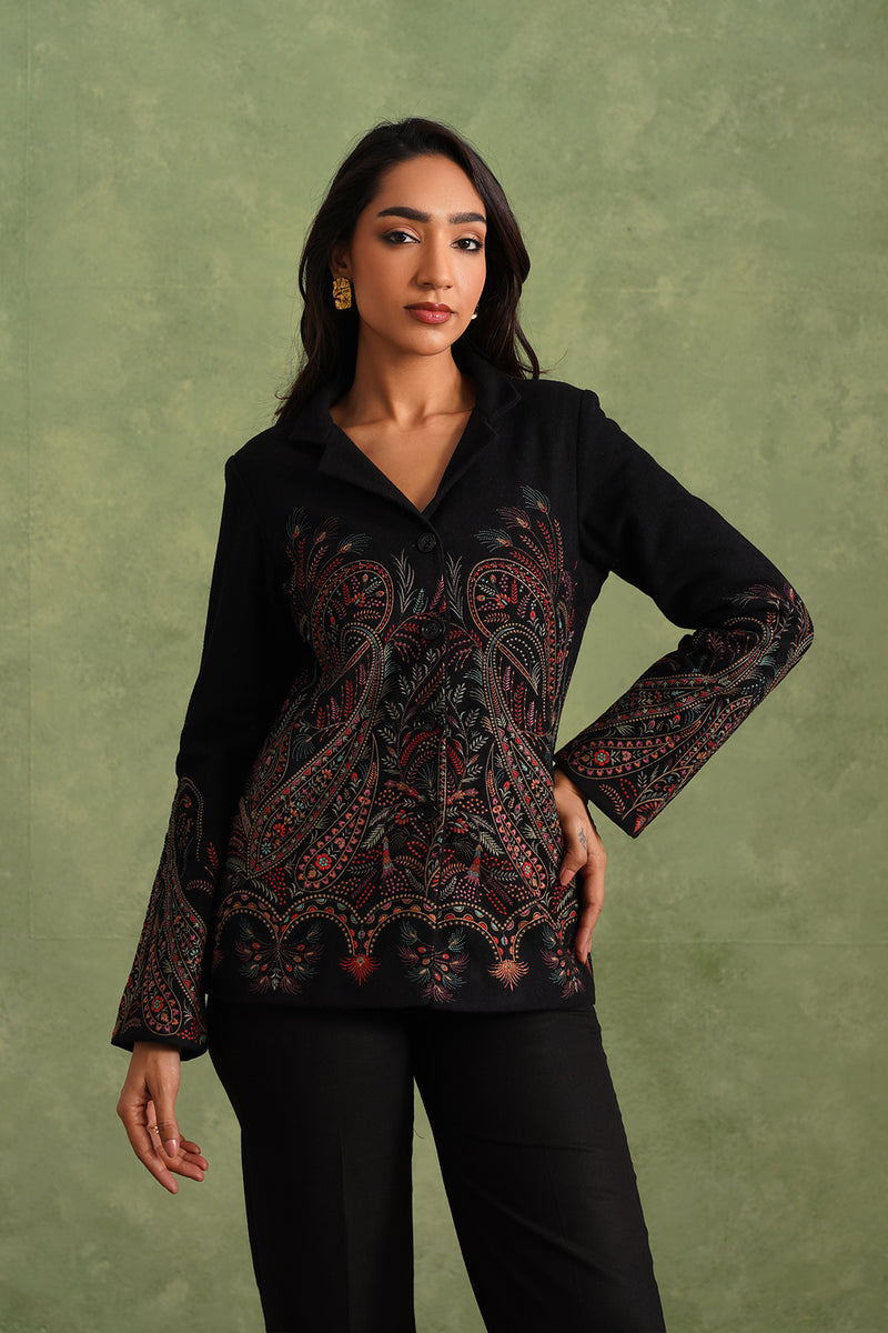 Merino Wool Black Embroidered Blazer