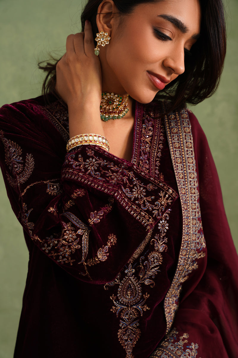 Aafreen Wine Velvet Suit