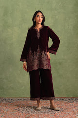 Wine Velvet Embroidered Kurta Set
