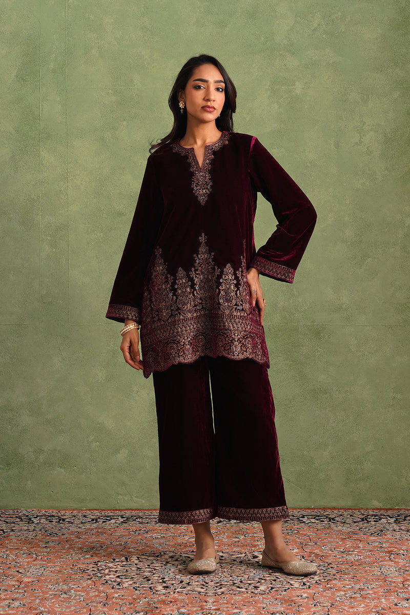 Wine Velvet Embroidered Kurta Set