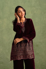 Wine Velvet Embroidered Kurta Set