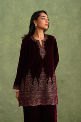 Wine Velvet Embroidered Kurta Set