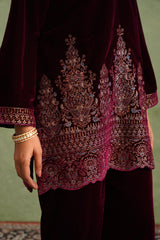 Wine Velvet Embroidered Kurta Set