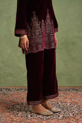 Wine Velvet Embroidered Kurta Set