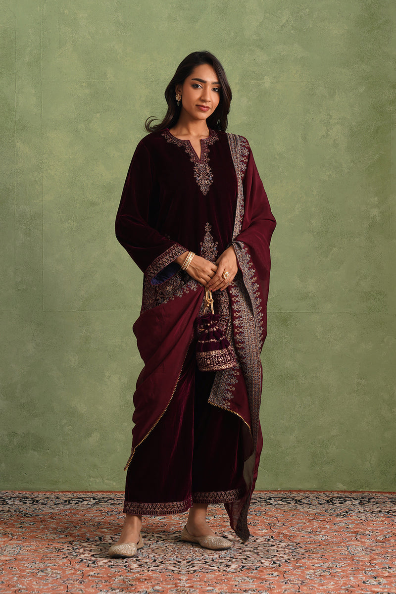 Wine Velvet Embroidered Kurta Set