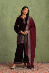 Wine Velvet Embroidered Kurta Set