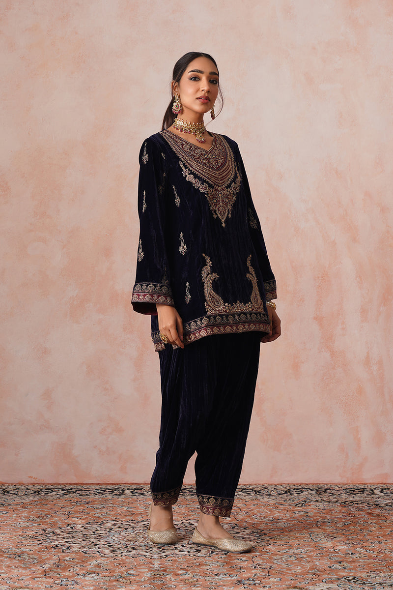 Aafreen Navy Crush Patchwork Velvet Embroidered Set