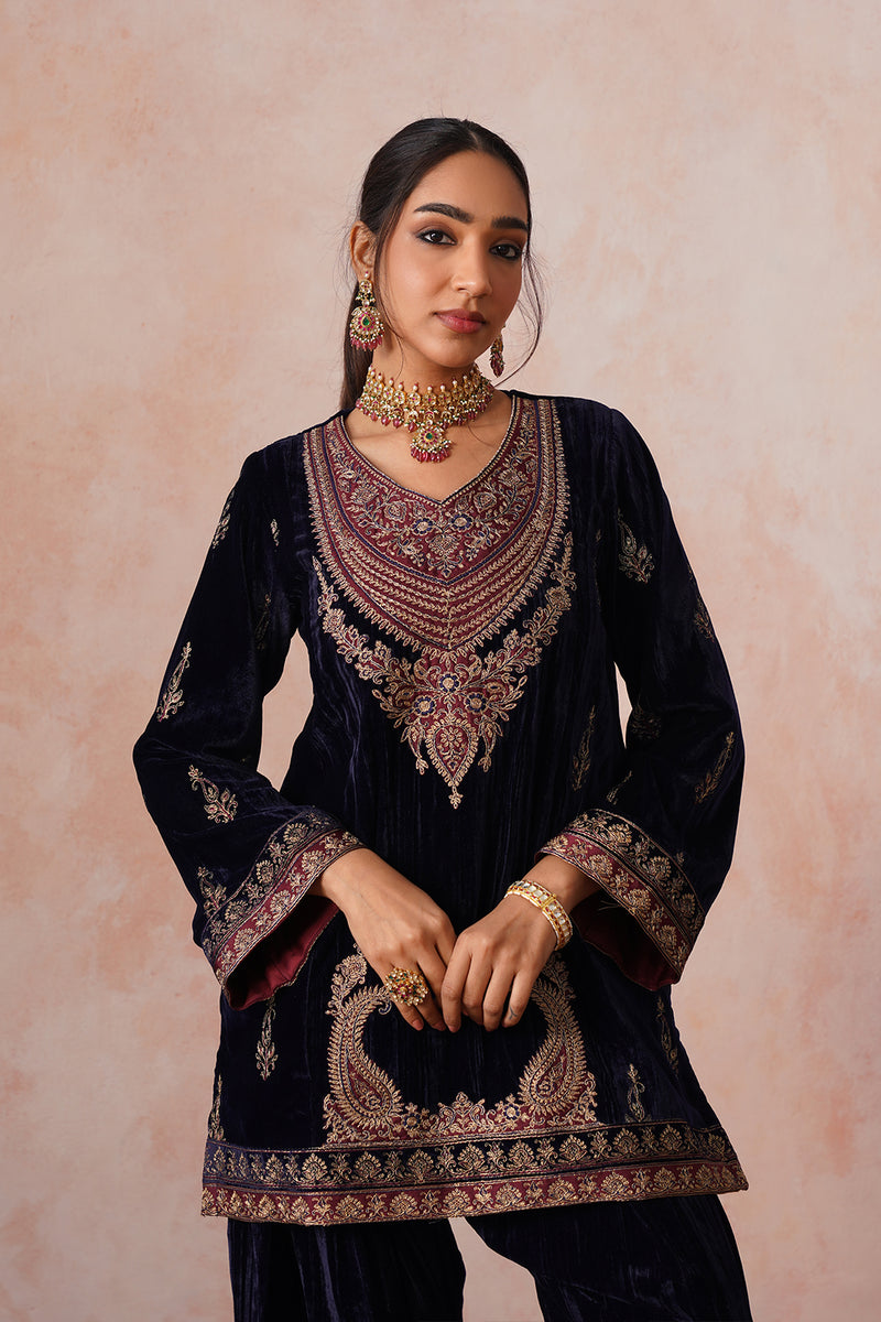 Aafreen Navy Crush Patchwork Velvet Embroidered Set