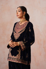 Aafreen Navy Crush Patchwork Velvet Embroidered Set