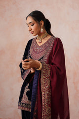 Aafreen Navy Crush Patchwork Velvet Embroidered Set