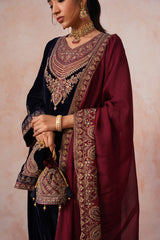 Aafreen Navy Crush Patchwork Velvet Embroidered Set