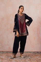 Navy Maroon Panel Velvet Embroidered Set