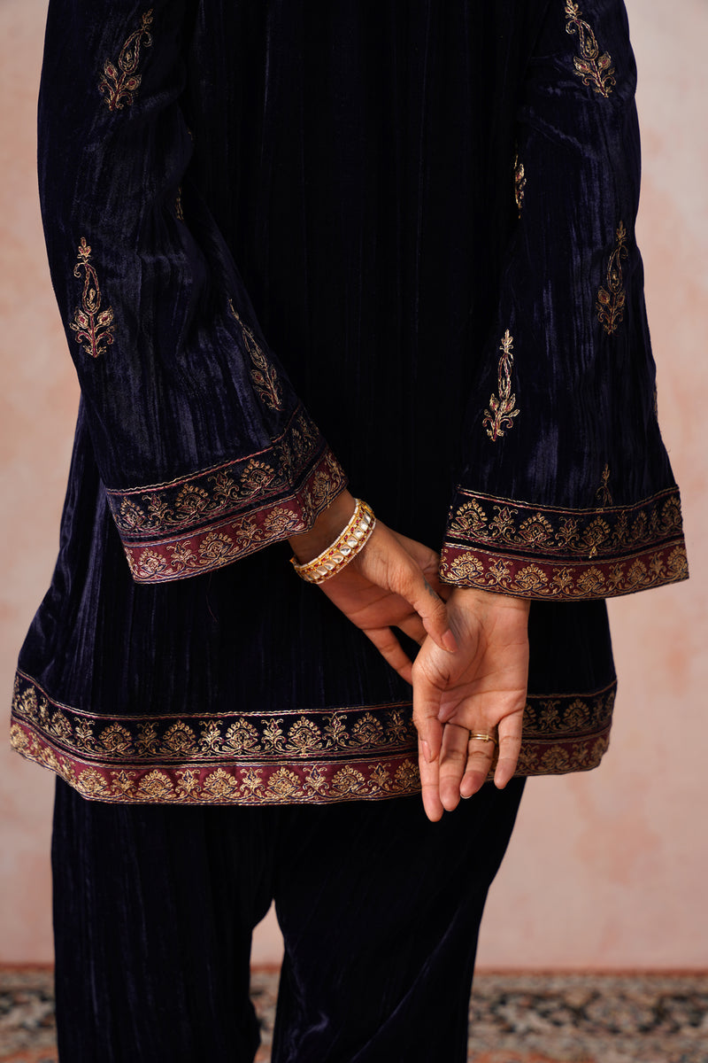 Navy Maroon Panel Velvet Embroidered Set