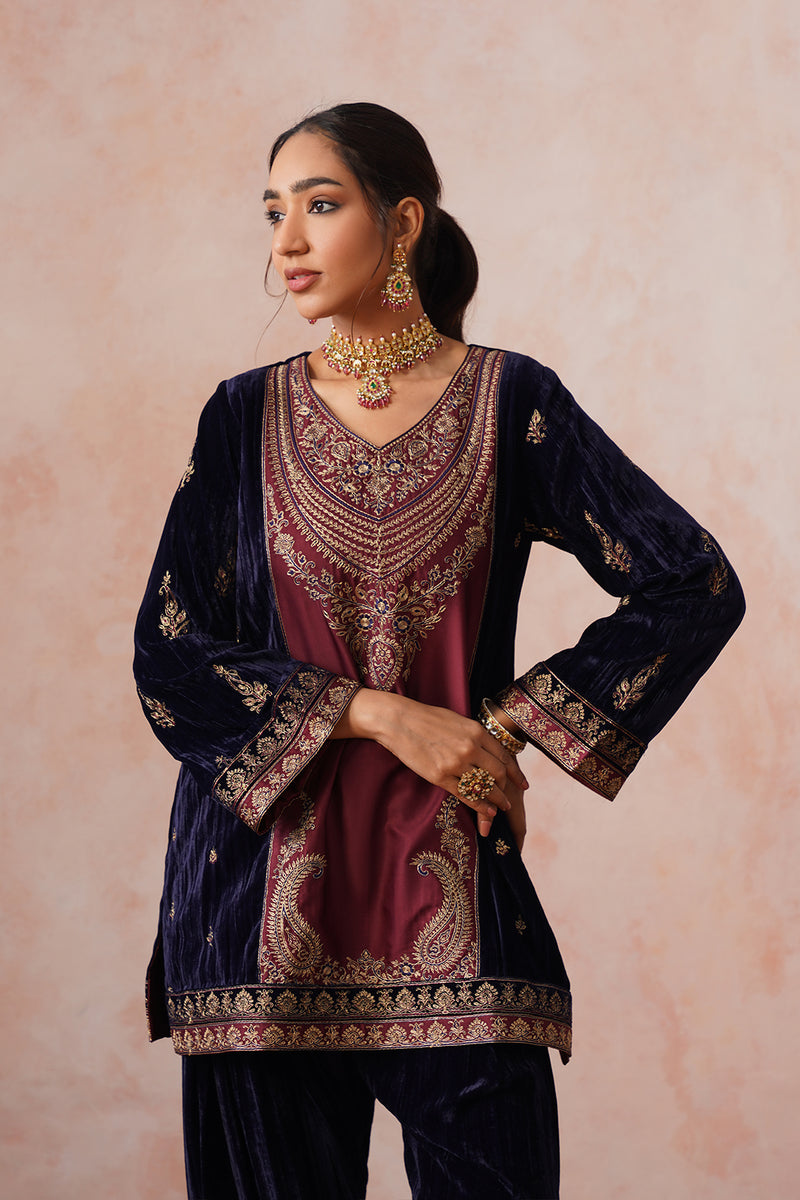 Navy Maroon Panel Velvet Embroidered Set