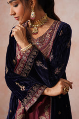 Navy Maroon Panel Velvet Embroidered Set