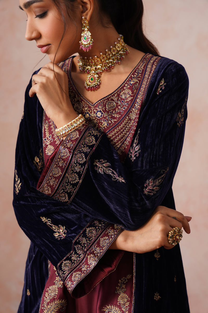 Navy Maroon Panel Velvet Embroidered Set
