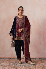 Navy Maroon Panel Velvet Embroidered Set