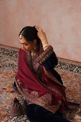 Navy Maroon Panel Velvet Embroidered Set