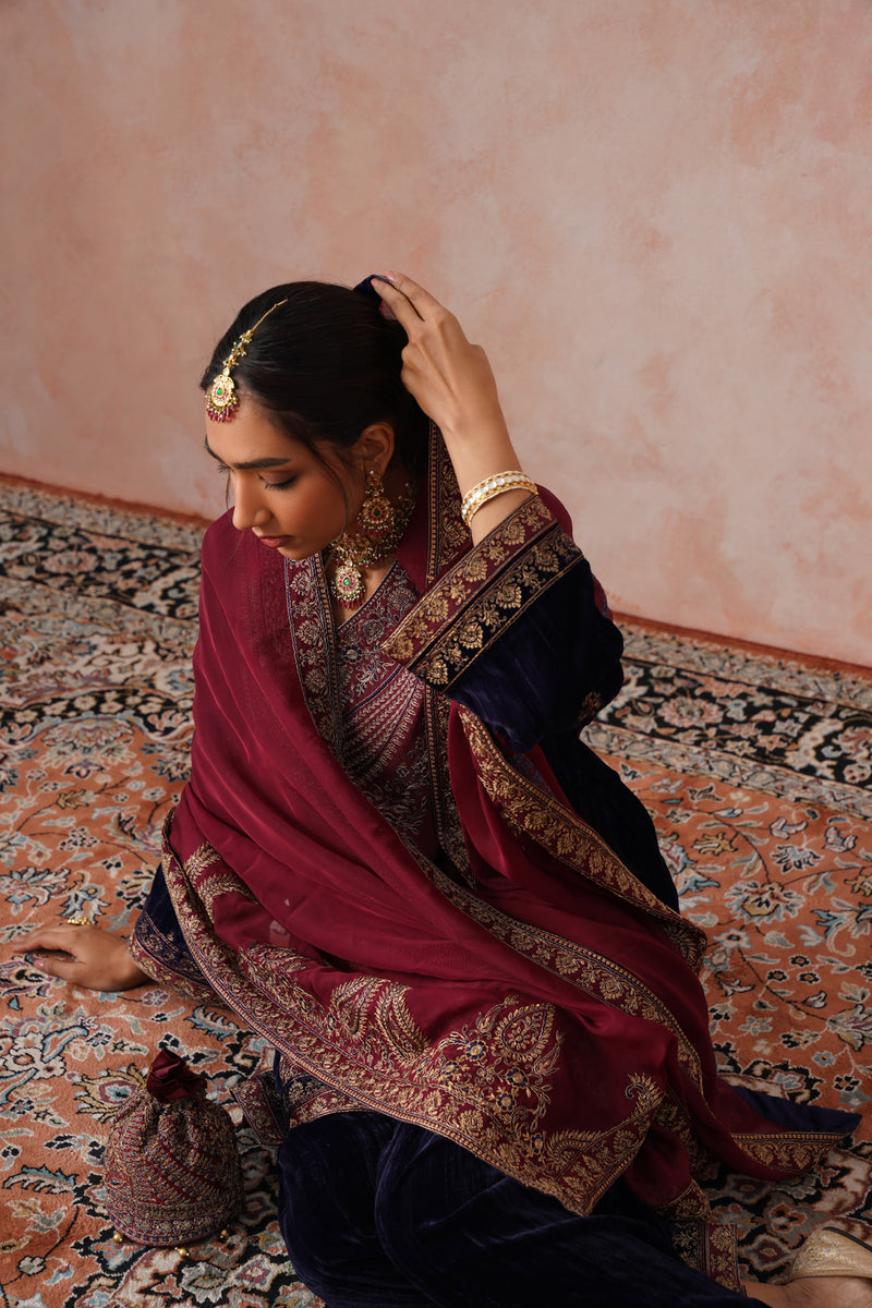 Navy Maroon Panel Velvet Embroidered Set