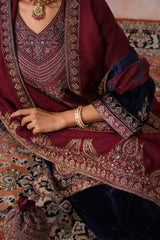Navy Maroon Panel Velvet Embroidered Set