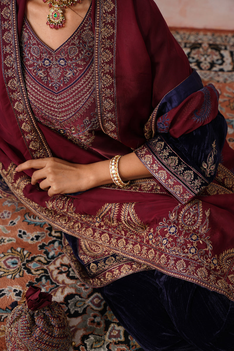 Navy Maroon Panel Velvet Embroidered Set