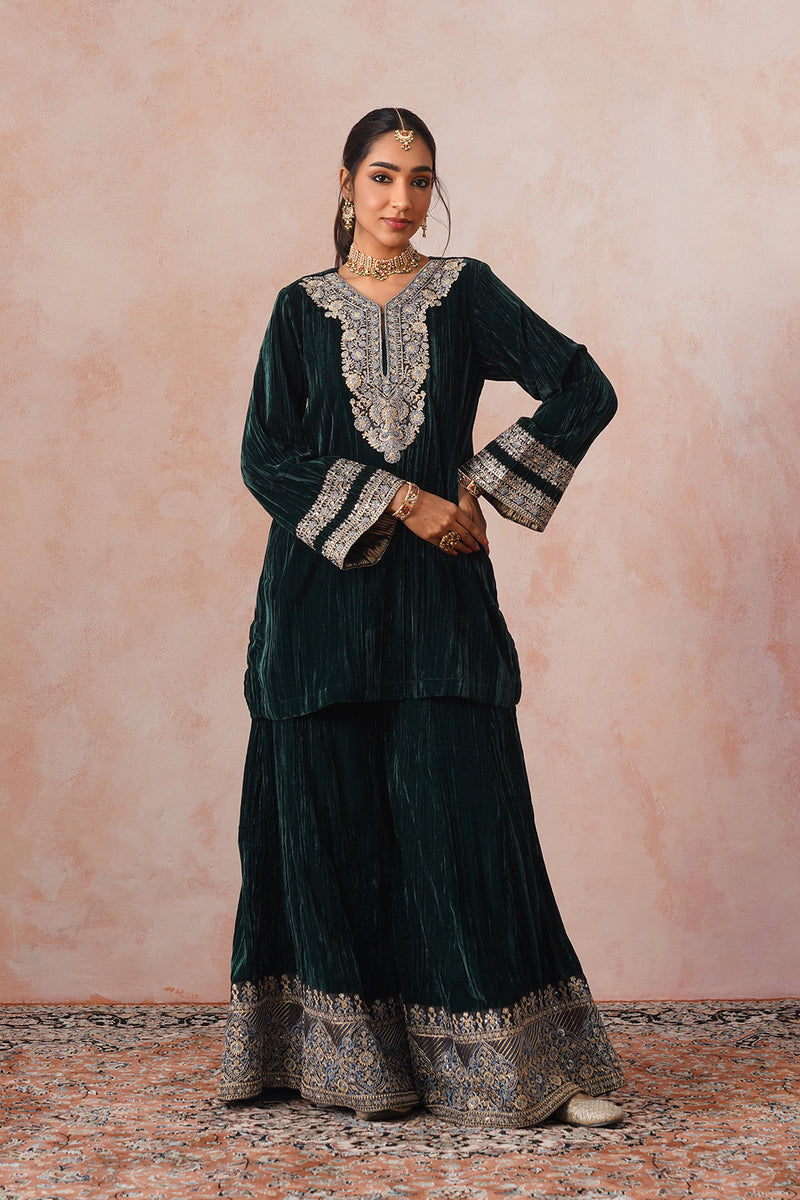 Bottle Green Crush Velvet Embroidered Sharara Set