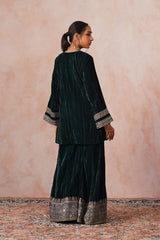 Bottle Green Crush Velvet Embroidered Sharara Set