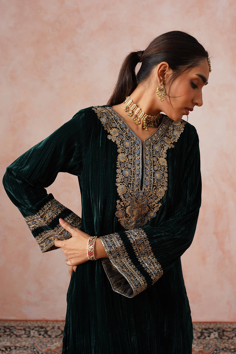 Bottle Green Crush Velvet Embroidered Sharara Set