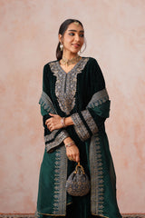 Bottle Green Crush Velvet Embroidered Sharara Set