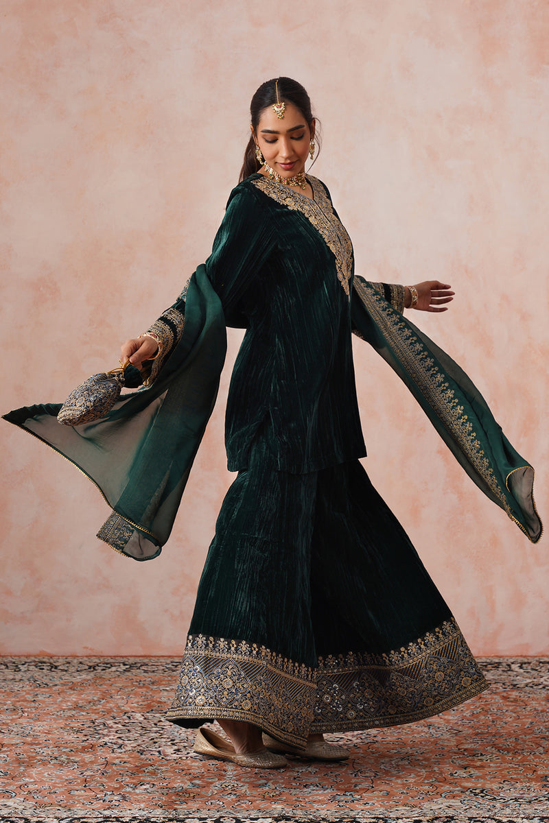 Bottle Green Crush Velvet Embroidered Sharara Set