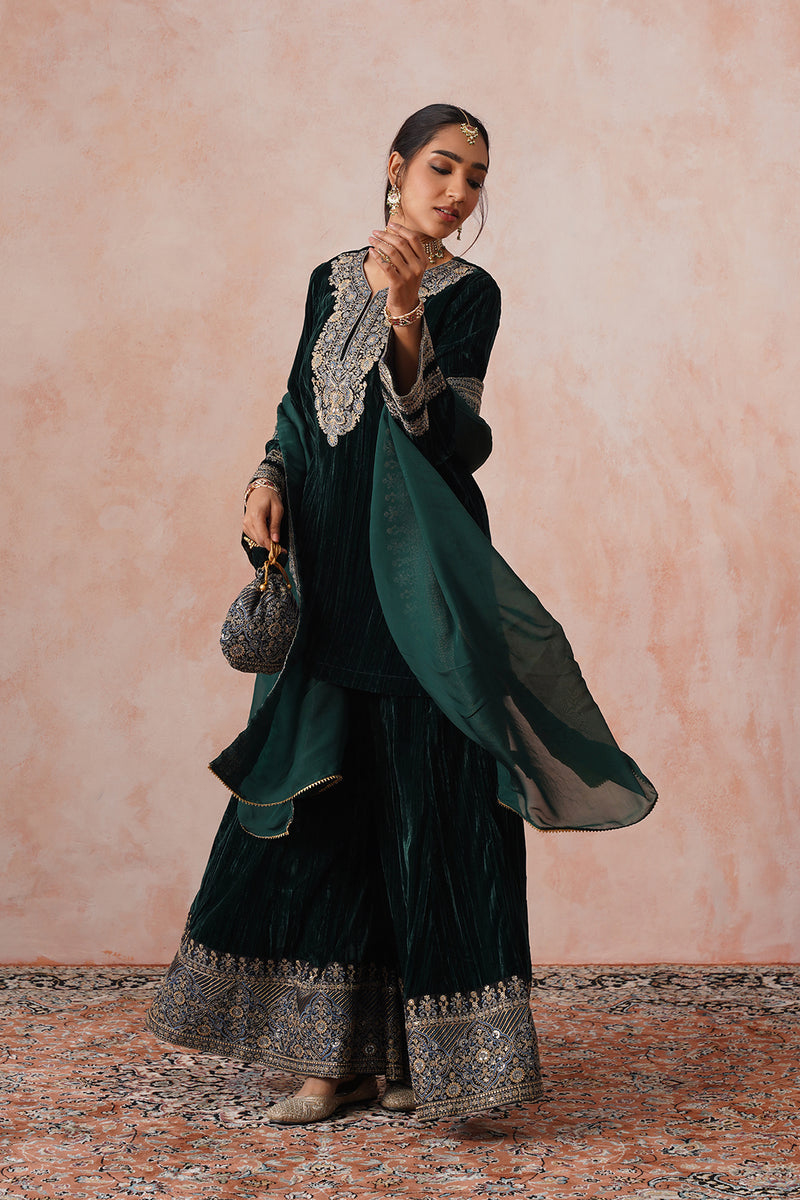 Bottle Green Crush Velvet Embroidered Sharara Set