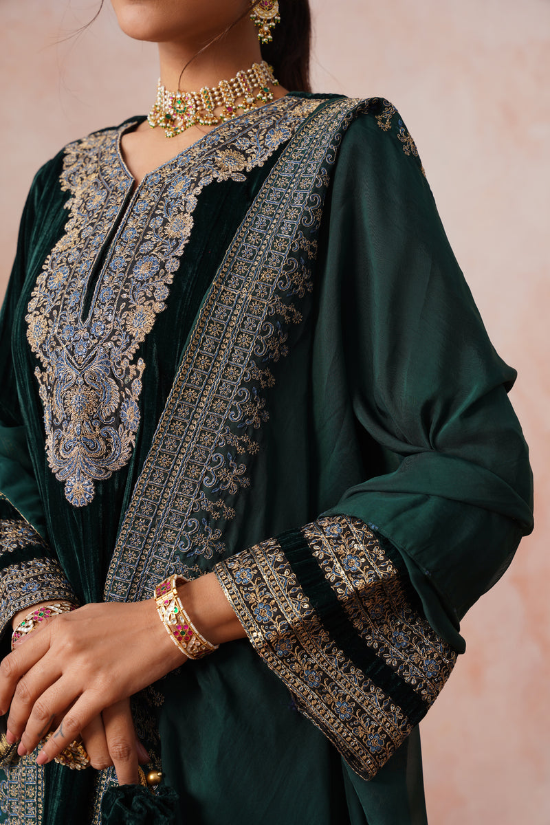 Bottle Green Crush Velvet Embroidered Sharara Set
