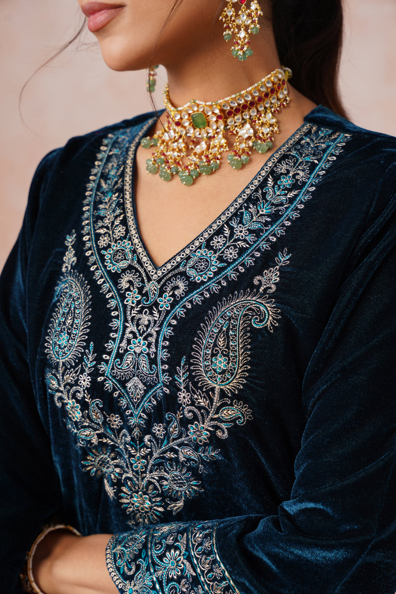 Aafreen Teal Blue Velvet Embroidered Set