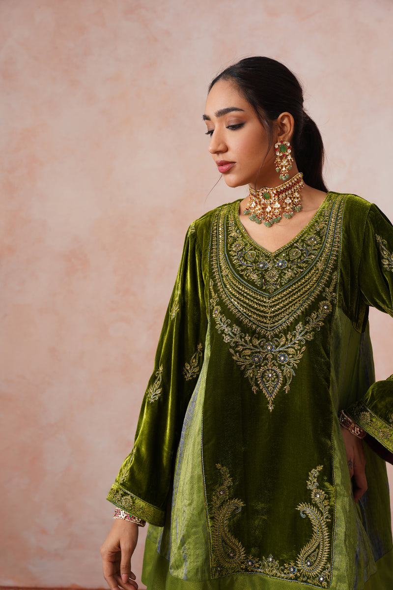 Aafreen Golden Olive Velvet Embroidered Salwar Set