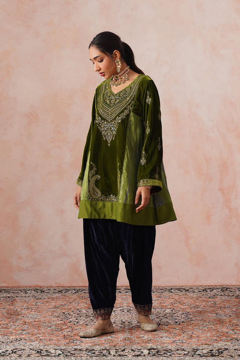 Aafreen Golden Olive Velvet Embroidered Salwar Set