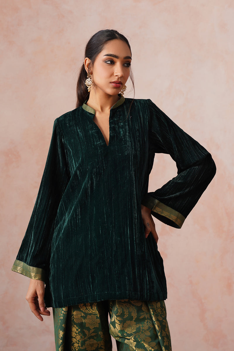 Bottle Green Velvet Top with Brocade Farshi Pants