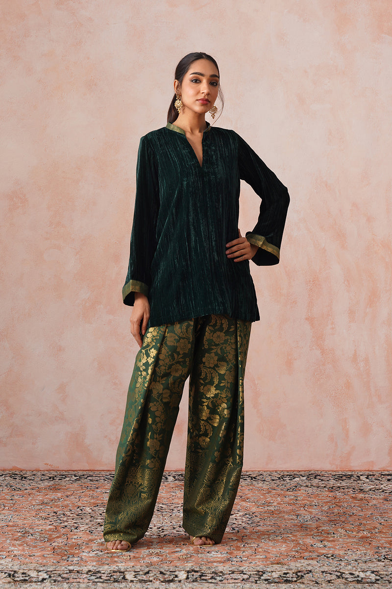 Bottle Green Velvet Top with Brocade Farshi Pants