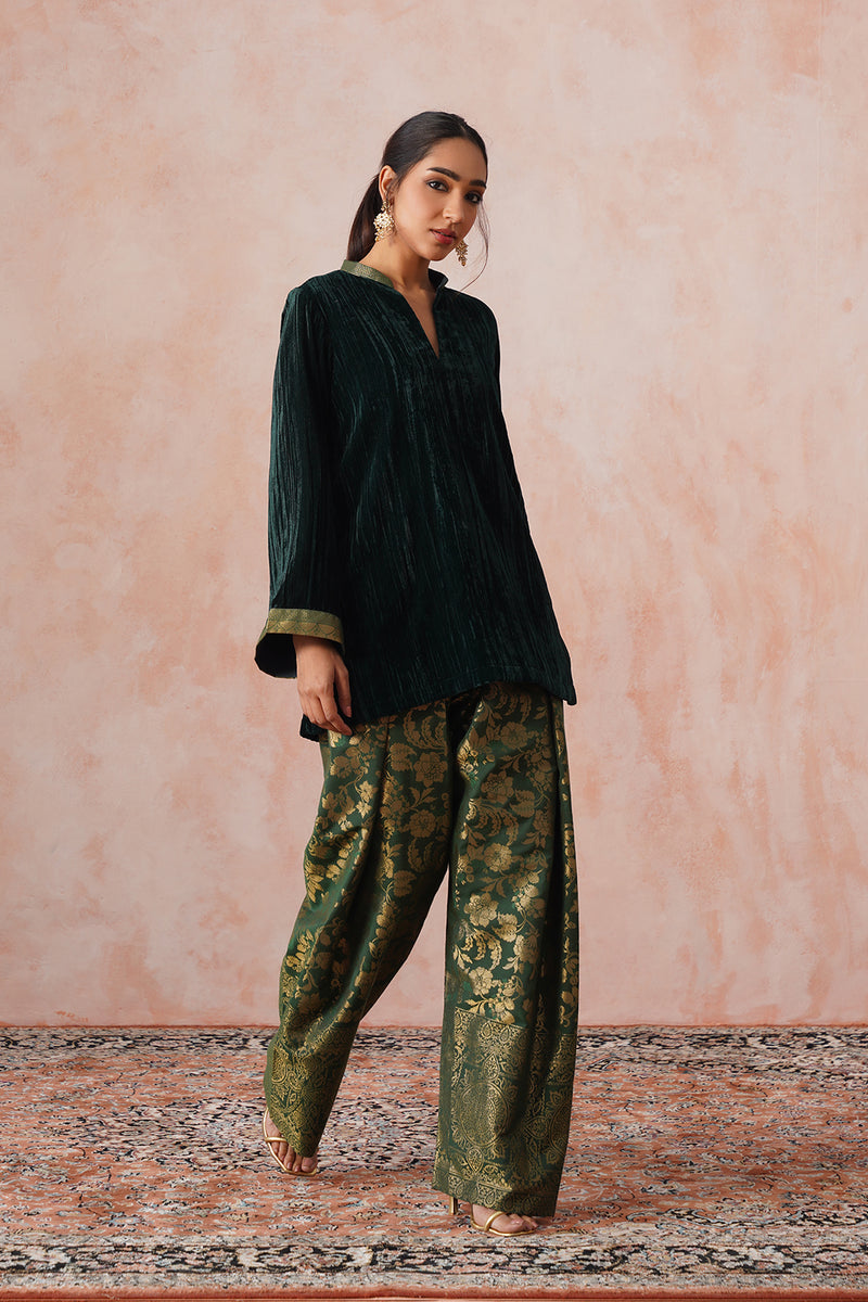 Bottle Green Velvet Top with Brocade Farshi Pants