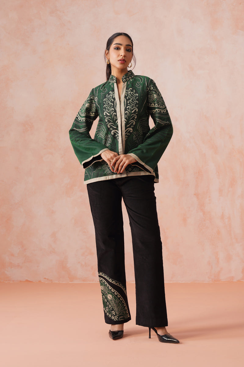 Bottle Green Coat with Corduroy Patchwork Bottom