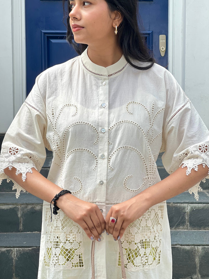 White Cutwork Elegance Top with Striped Narrow Salwar